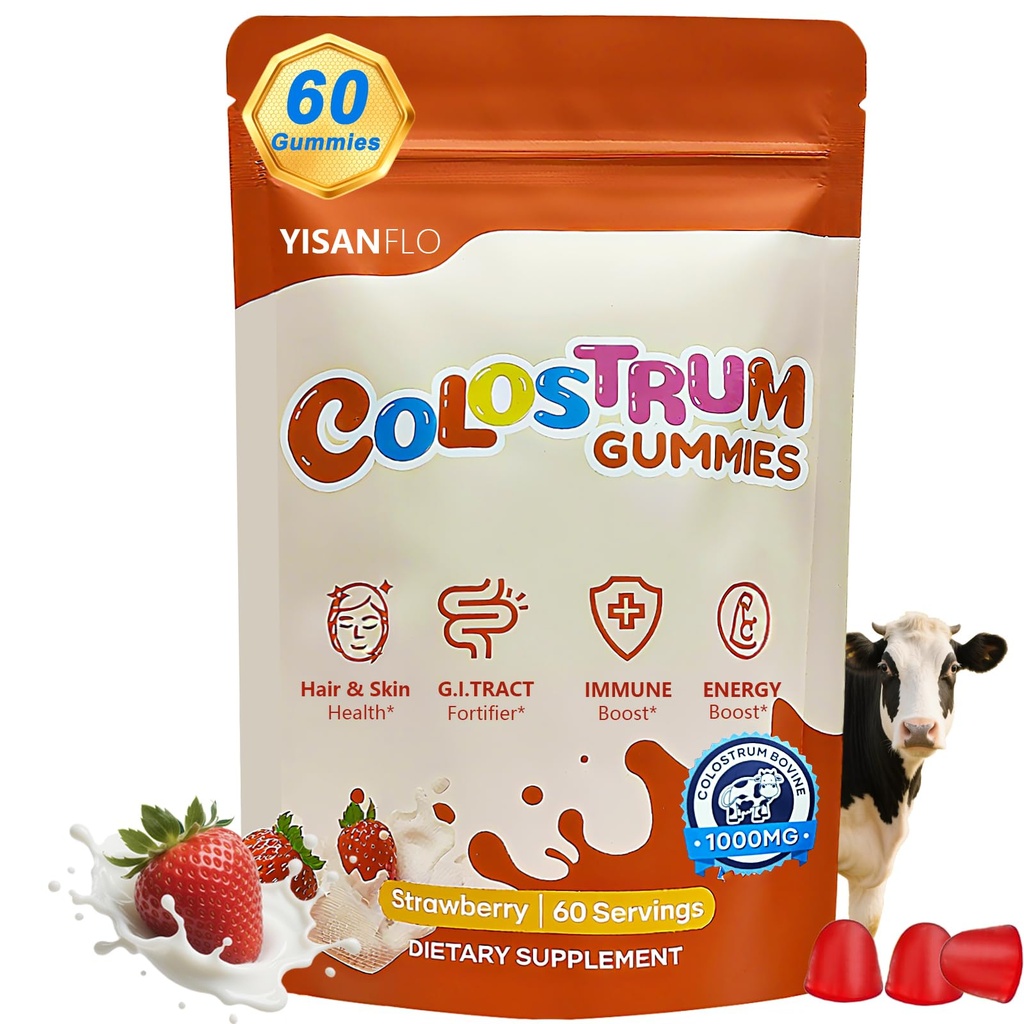 60 Servings Colostrum Gummies | Delicious 1g per Serving Grass Fed Bovine Colostrum Supplement | Colostrum Chews for Gut Health, Immunity, Hair, Skin and Beauty | Strawberry Flavor