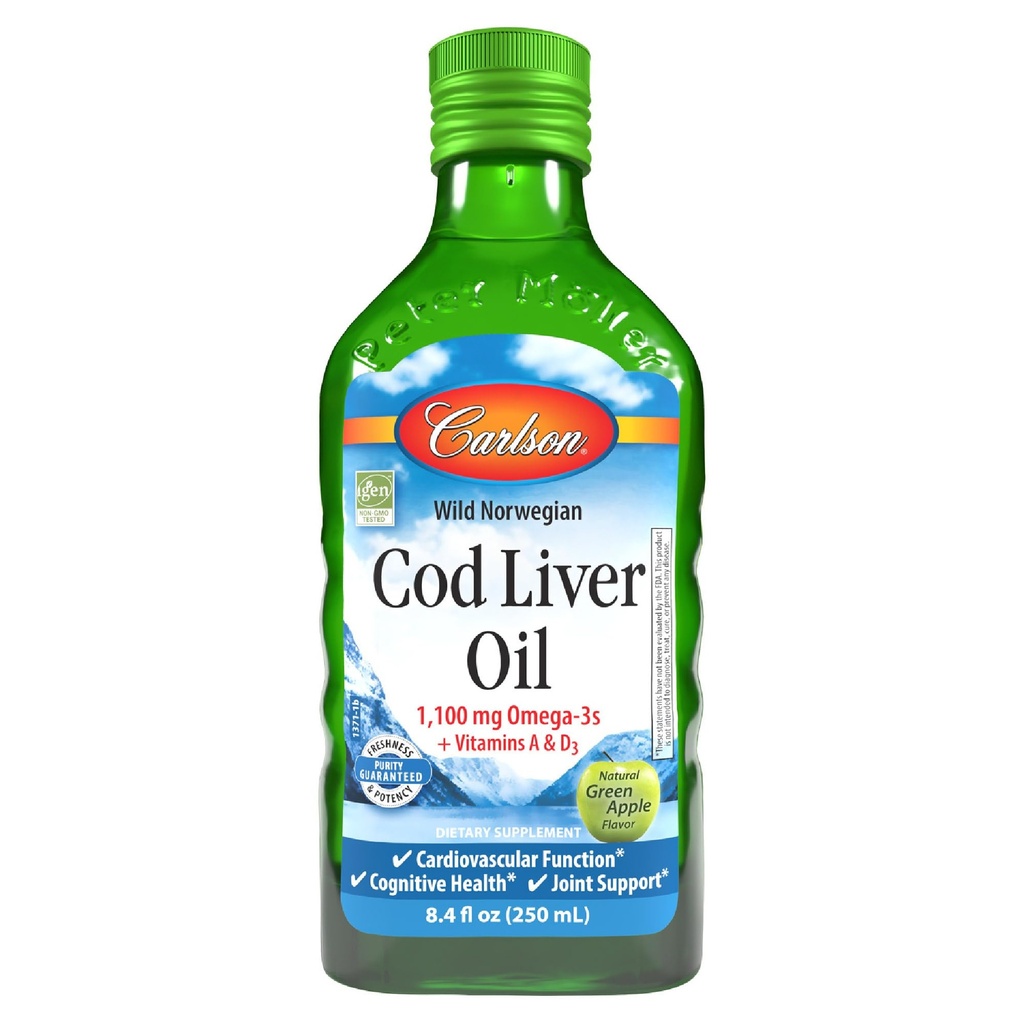 Carlson - Cod Liver Oil, 1100 mg Omega-3s, Plus Vitamíny A a D3, Wild Caught Norwegian Arktic Cod Liver Oil, Udržateľne Zdroj Nordic Fish Oil Liquid, Green Apple, 250 ml (8,4 Fl Oz)