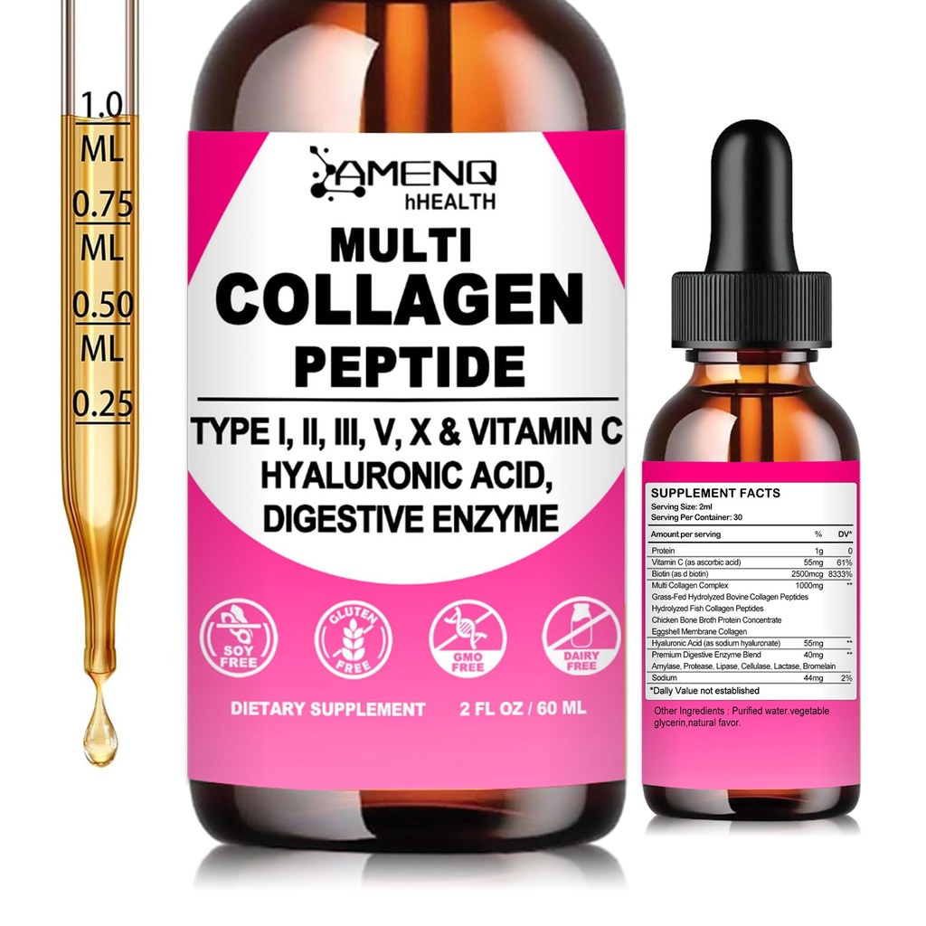 Multi Collagen Peptides Liquid Drops for Women & Men, Hydrolyzed Collagen Peptides Type (I, II, III, V, X)Proteins Complex W. Hyaluronic Acid, Biotin & Vitamin C, Support Hair Skin Joint & Gut Health