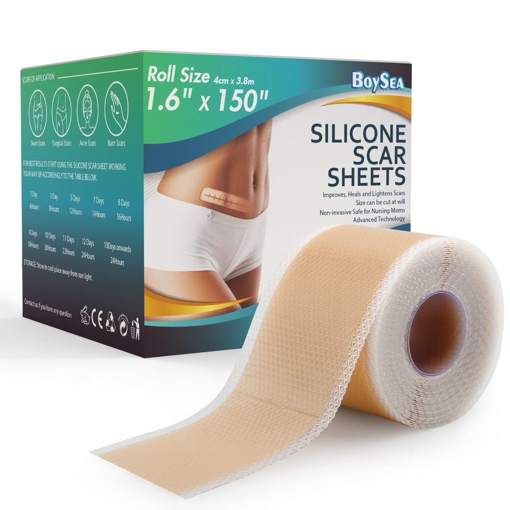 Profesionálne Silikónové zjazvenia (1.6" x 150" Zjazvenie 3,8M) - Odstránenie jaziev Liečba - Opakované Silikónové zjazvenie Pásky Typy pások pre Keloid, C-oddiel, Chirurgia, Burn, Akne et