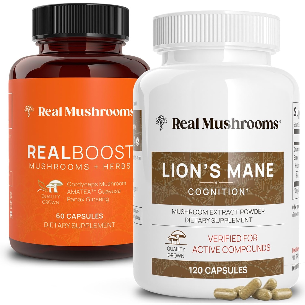 Real Huby RealBoost (60ct) a Lions Mane (120ct) Kapsule Bundle - Huba Supplement for Energy, Vitality & Cognition - Energy & Brain Vitamíny w/Cordyceps, Ginseng, Guayusa - Vegan, Non-GMO