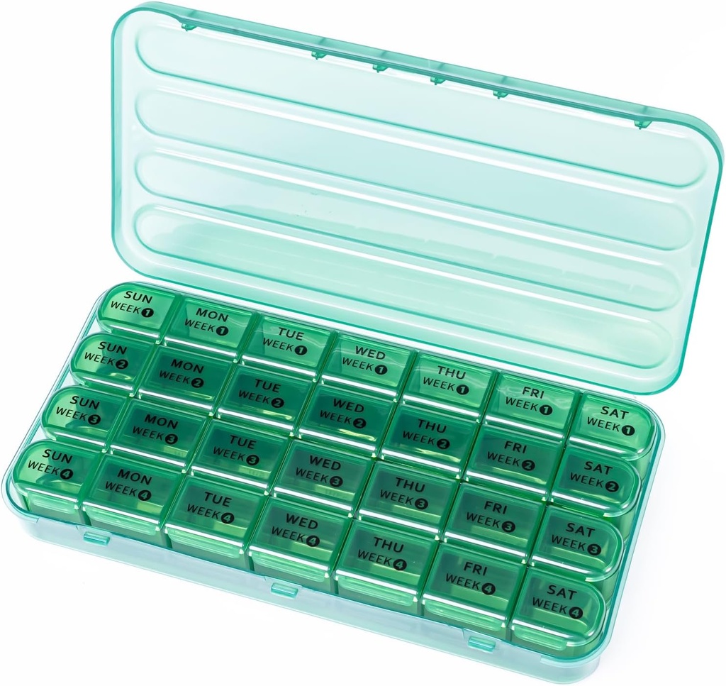 28 Day Monthly Pill Organizátor - 4 Týždenné Pill Box 1 Čas denne, 7 Day Medicine Organizátor Box, Cestovné Pill Kontajner pre vitamín, Rybí olej (Olive Green)