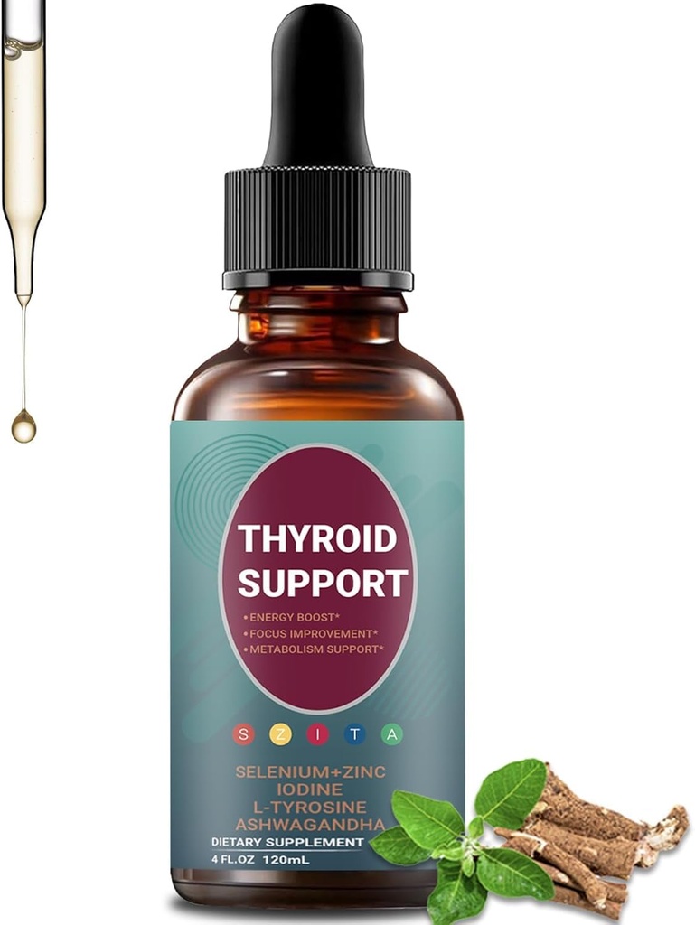 Thyroid Support Liquid Drops with Iodine, Selenium, Zinc, L-Tyrosine & Ashwagandha – 120mL (4 fl. oz.) for Hormone Balance, Energy & Metabolism Support