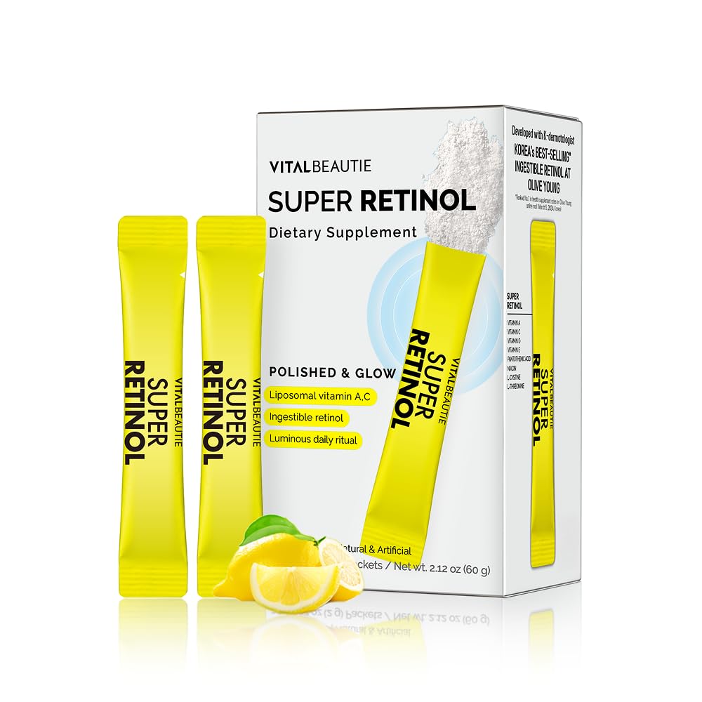 VITALBEAUTIE Super Retinol - Ingestible Liposomal Retinol & Vitamin C 1000mg Powder - Vegan K-Beauty Skin Supplement for Radiant Glass Skin & Tone, Dark Spot Care, 30 Packets