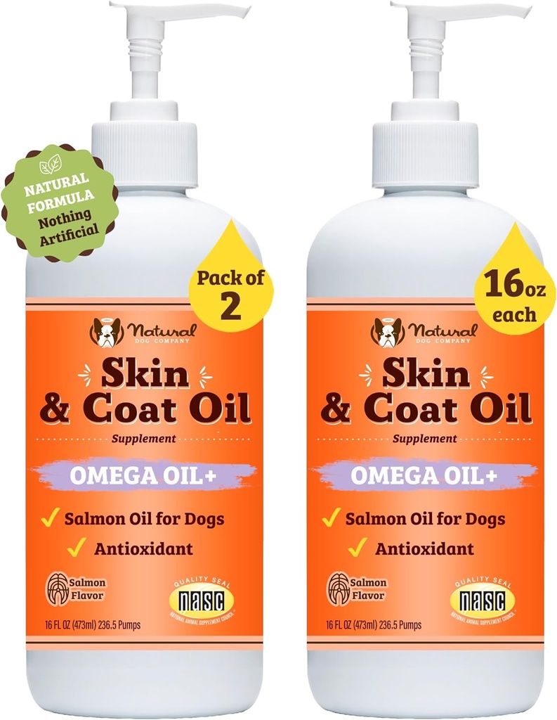 Natural Dog Company 2 Pack - 16 oz. Koža a kozí olej, podporuje zdravie kože, Rybí olej doplnky pre psy, mastné kyseliny, Antioxidant, pre viac psích rodín, Veľké Plemeno Psy, 32 oz. Hodnota