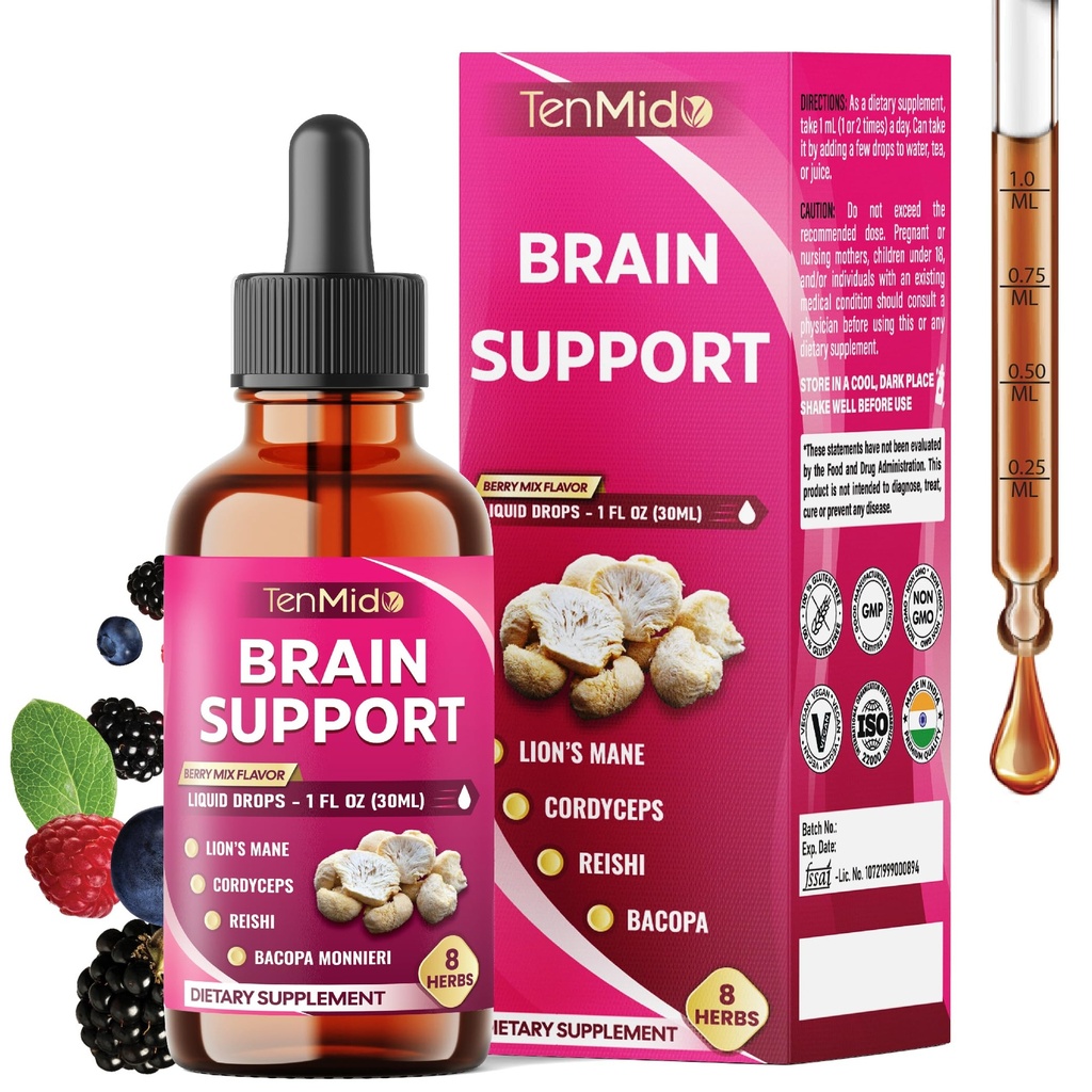 Brain & Focus Support Liquid Drops - 8in1 with Lions Mane, Cordyceps, Reishi, Bacopa, Ginkgo Biloba, Phosphatidylserine, Rosemary, and Gotu Kola - 30ml 1 Fl Oz