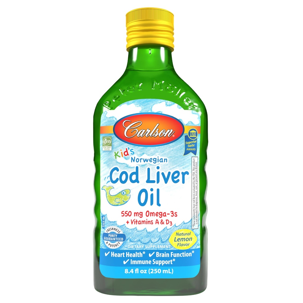 Carlson - detský codový olej z pečene, 550 mg Omega-3s, vitamíny A a D3, divoký nórsky, citrón, 250 ml