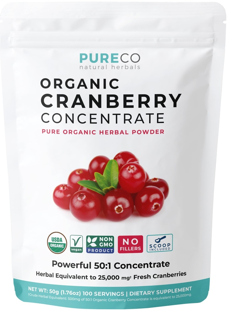 USDA Organic Cranberry Concentrat (50:1) Powder - 500mg is Equivalent to 25 000mg Fresh Brusnice - for Obličky Cleans & UTI Support Vitamíny - Ženy - Supplement - 100 Servings - No Pills