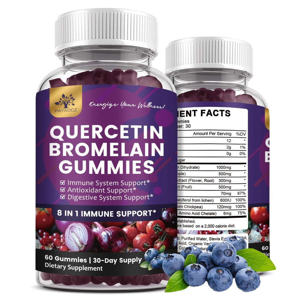(2 balenia) Quercetin Gummies s hypromelínom zinočnatého vitamínu C D3 K2, Quercetin 1000 mg doplnok s hypromínom 500 mg pre kardiovaskulárny, imunitný systém a alergiu, vegánska Gumma pre dospelých a deti