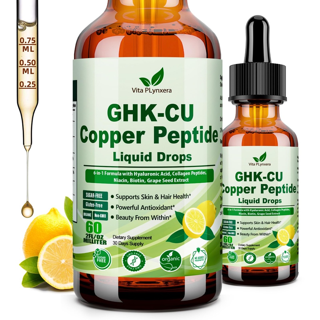 Vita PLynxera GHK-CU Peptide Supplement Liquid Drops, Premium 6-in-1 GHK CU Copper Peptides w. Marine Collagen Hyaluronic Acid Biotin for Anti-Aging, Skin Hair Growth Support, Oral Drops丨Women Men