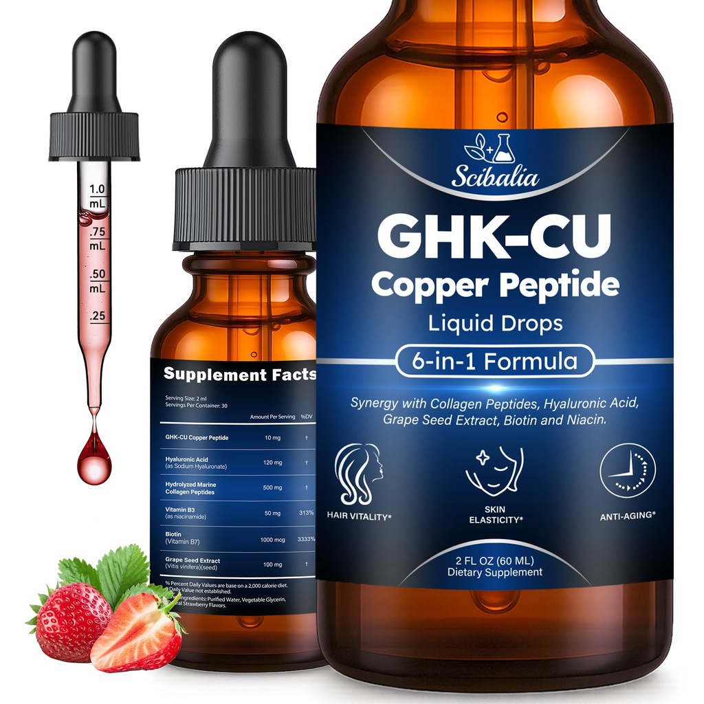 GHK-CU Peptides Supplement Oral Drop, Pro 6-in-1 GHK CU Copper Peptides with Hydrolyzed Marine Collagen Hyaluronic Acid Biotin Grape Seed Extract for Hair Growth Skin Elasticity & Anti-Aging Women Men