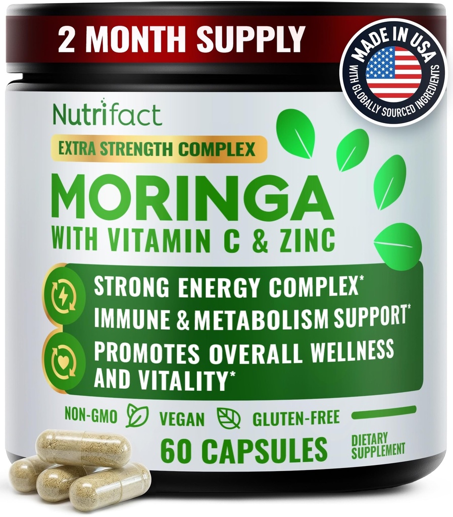 Moringa Capsules – Moringa Supplements with Leaf Extract, L-Lysine, Vitamin C & Zinc – Energy, Immune Support, Antioxidant Formula, Vegan, Non-GMO, Made in USA, Moringa Oleifera, 60 Capsules