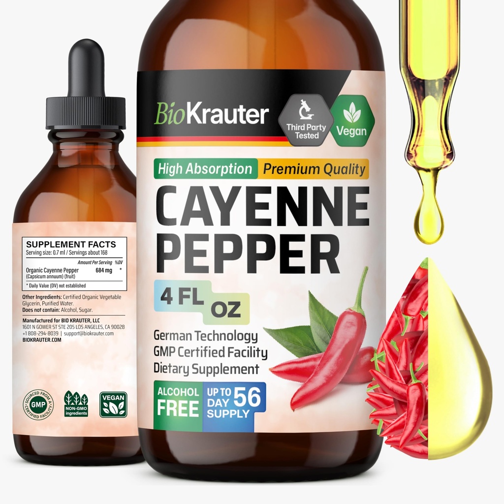 BIO KRAUTER Cayenne Pepper Extract Liquid - Pure Capsaicin Extract - Liquid Cayenne Pepper Drops for Digestive Support - Cukor a alkohol Bez obsahu 4 Fl.Oz.