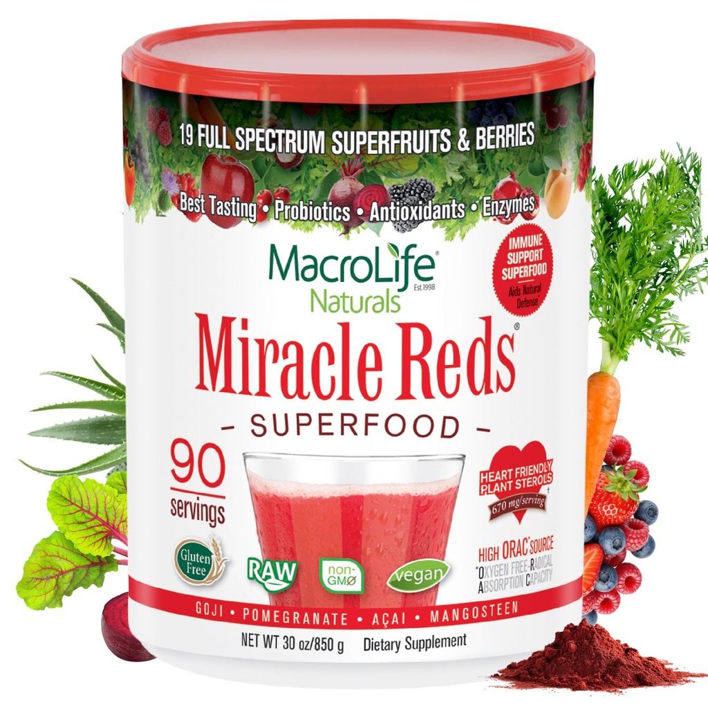 Makrolife Naturals Miracle Reds Superfood Supplement Powder Antioxidanty Polyfenoly Enzymes Probiotiká - Raw Non-GMO Organic Vegan Gluten & Dairy Free - 30oz (90 Servings) 30oz