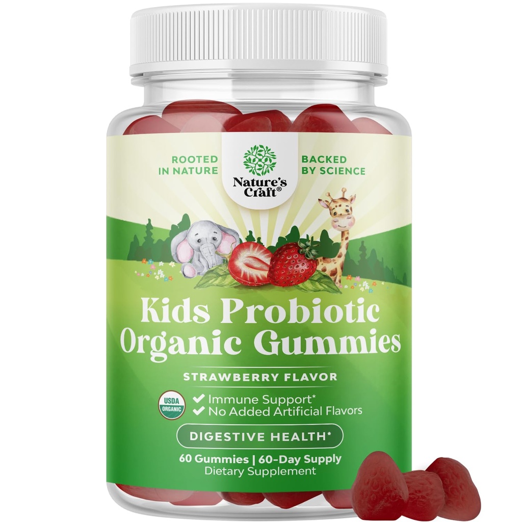 USDA Organic Kids Probiotic Gummies - Gut Bacteria Probiotics for Digestive Health & Stomach Relief - Gentle 2.5B CFU Kids Immune Support & Gut Heath Supplement - Vegan & Non-GMO Chews - 60 Count