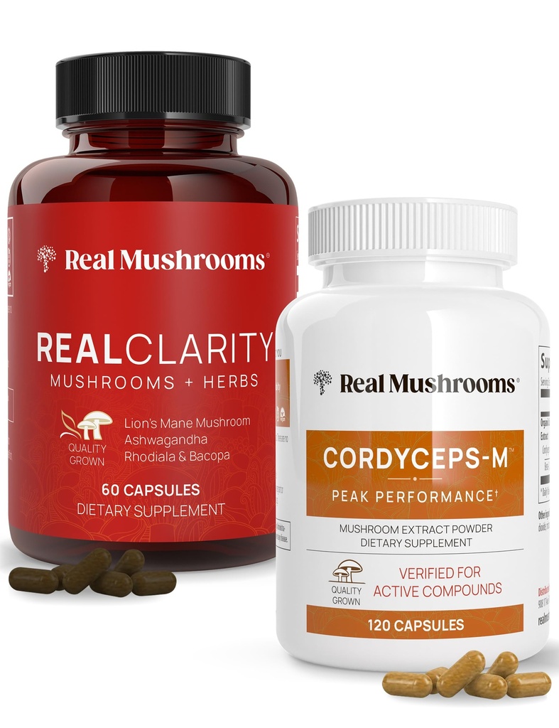 Real Huby RealClarity (60ct) a Cordyceps (120ct) Kapsule Bundle - Huba Supplement for Mental Clarity, Focus, Energy & Vitality - Vegan, Non-GMO, Overené úrovne Beta-Glucans