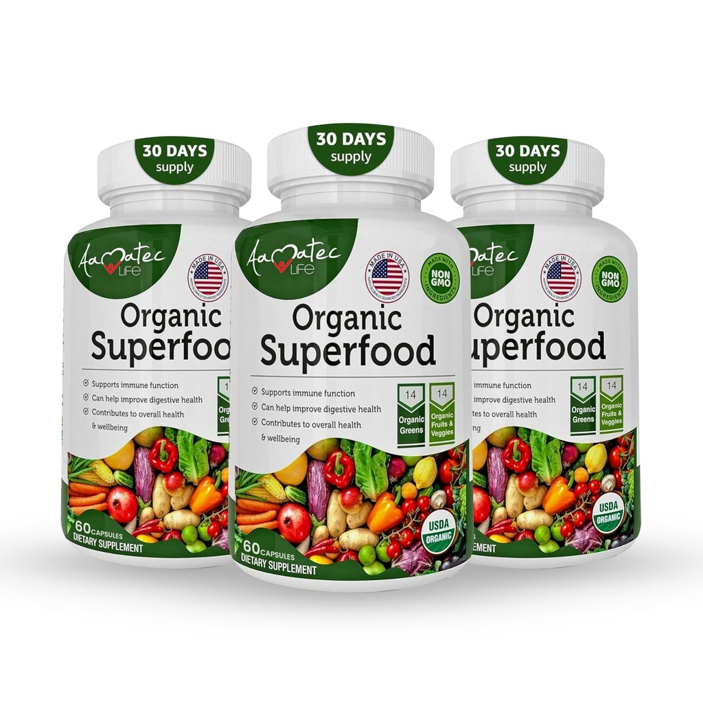 Organické Superfood Zelené ovocie a zelenina komplex - Najlepšie diétne doplnok s 14 Zelené &14 Ovocie a zelenina s lucerna bohaté na antioxidanty organické zložky non-GMO (180 Počet balení 3)