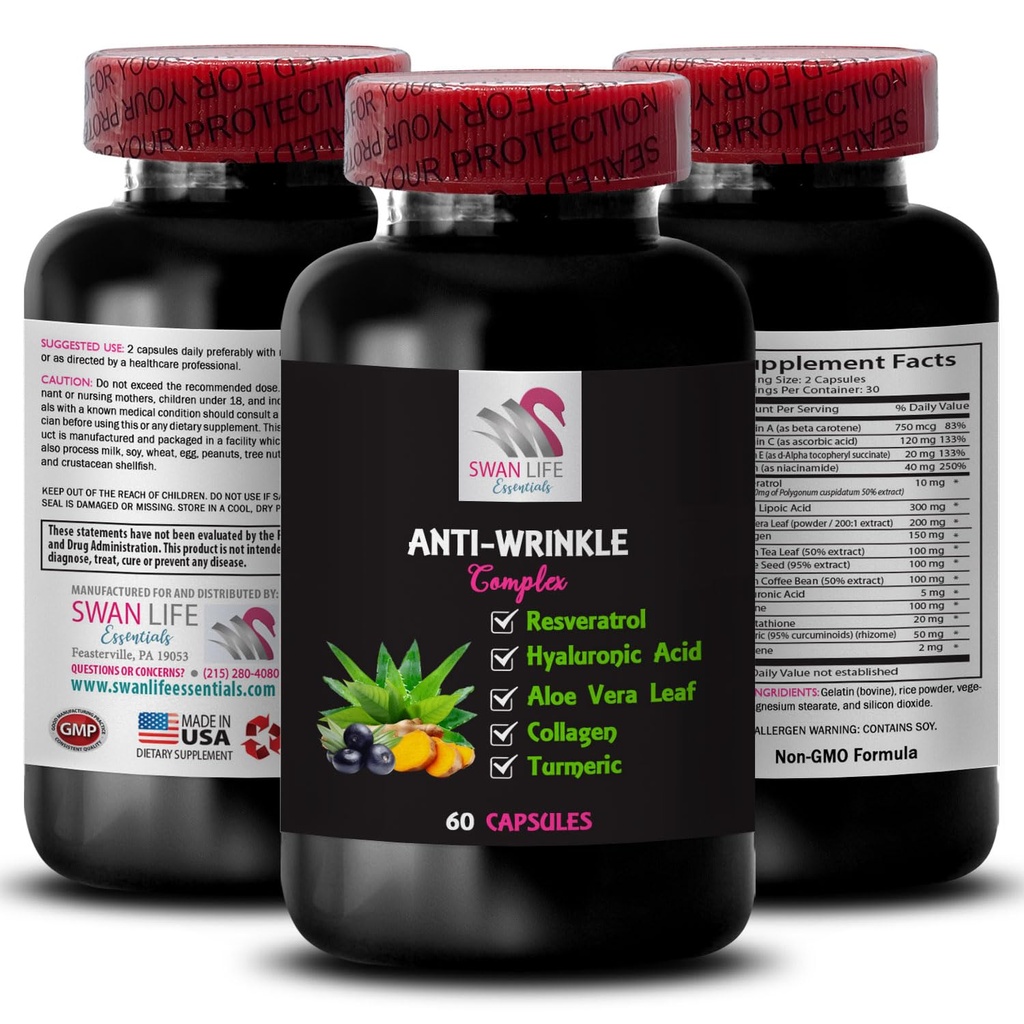 Ageless Hydration - ANTI-WRINKLE COMPLEX - Fresh Complexion, Skin Softener, Flawless Finish, Skin Enhancer, Resilience Complex, Gentle Care, Hydrating Formula 1 Bottle 60 Capsules