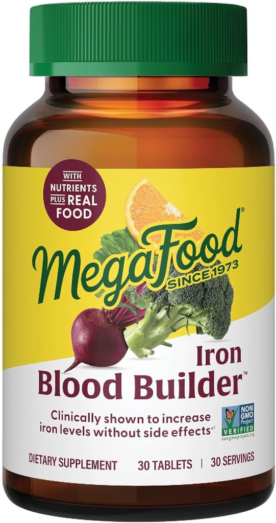 MegaFood Blood Builder Iron Supplement for Women & Men - Increase Iron Levels Without Side Effects - Combats Fatigue - with Vitamin B12, Folic Acid & Vitamin C for Absorption - Vegan - 30 Tablets