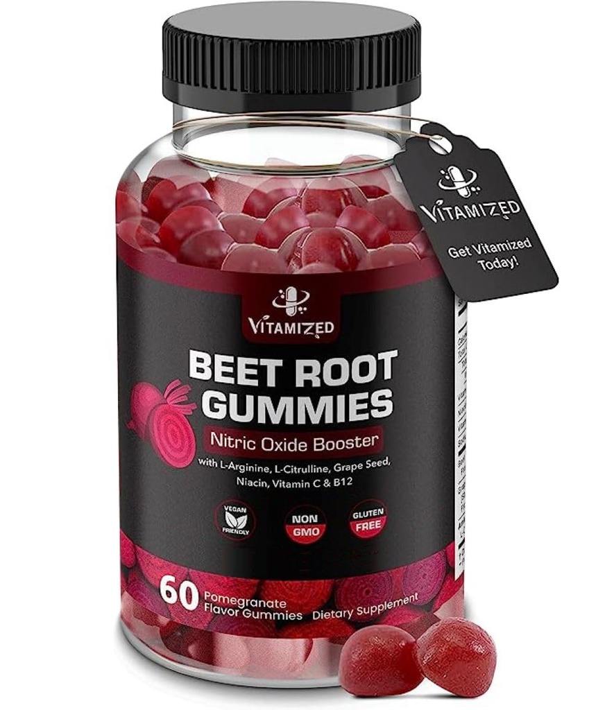 Repa koreňové Gumies - Super Nitric Oxide Repy Supplement - Červená repa Srdce žuvačky s hroznovým semenom silu & B12- granátové jablko chuť, 60 žuvačky
