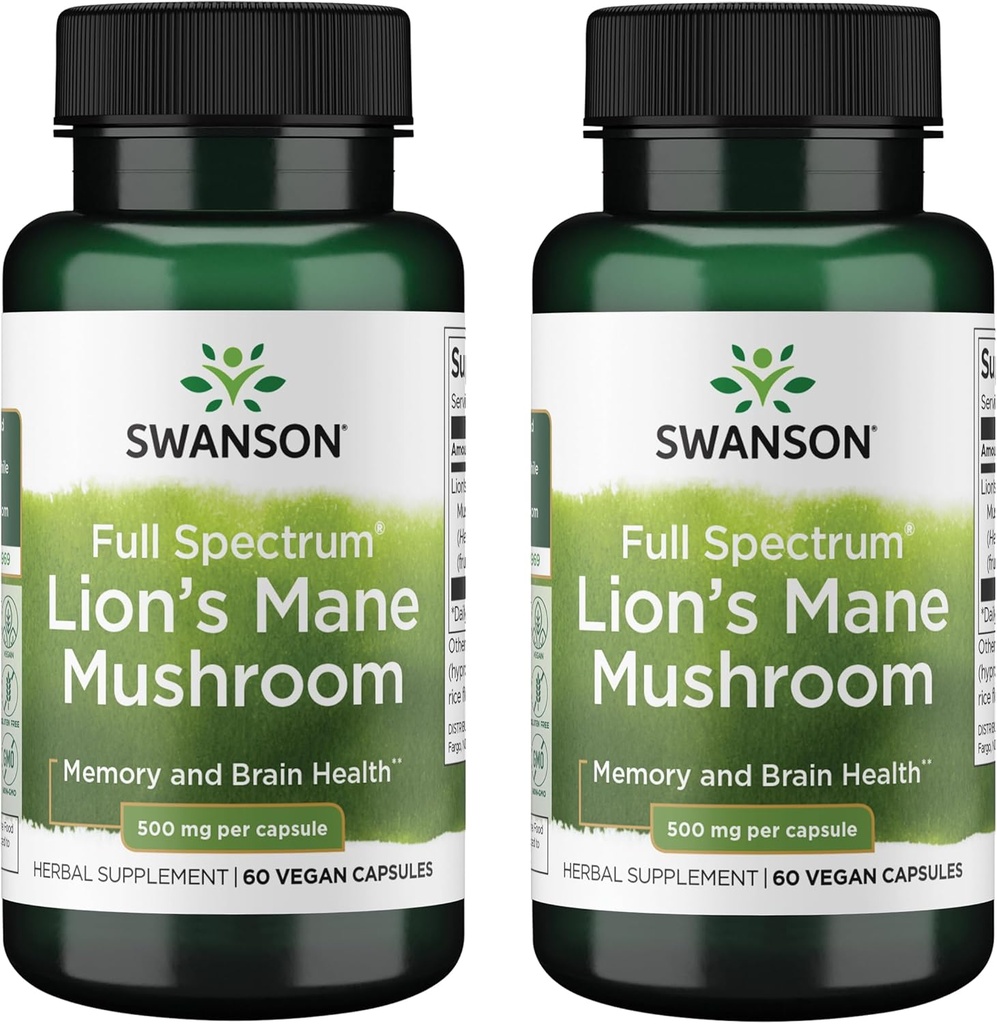 Swanson Full Spectrum Lion's Mane Mushroom - Brain Health Supplement to Support Memory, Focus & Clarity* - Môže tiež pomôcť Immune, Heart & Digestive Health - Gluten-free & Non-GMO - 60 kapsúl (2 balenia)