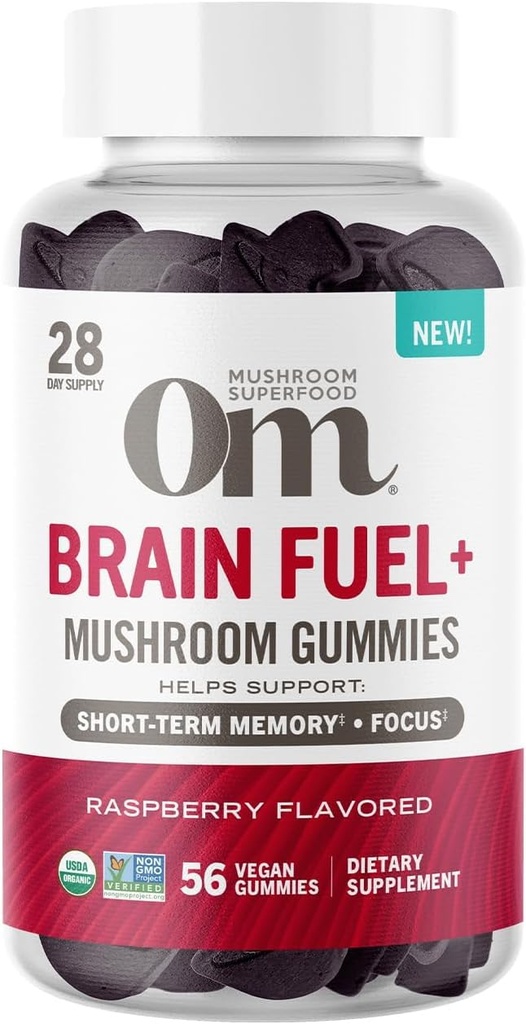 Om Mušroom Superfood Brain Fuel+ Gummies, 28 Slúži, Malinová Gummy Supplement with Leva Mane for Memory and Focus