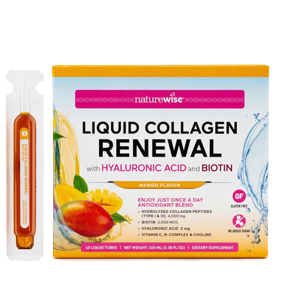 NatureWise Hydrolyzed Liquid Collagen for Women & Men 4000mg - No Added Sugar - Multi Collagen Peptides + Biotin + Vitamin C + Vitamin B Complex & Hyaluronic Acid - Mango - 10 Tubes[10 Day Supply]