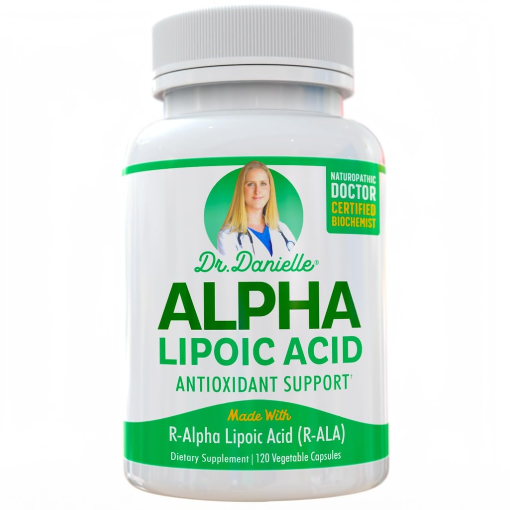 Kyselina alfa-lipoová od Dr. Danielle, Neuropatia Support, non-GMO, Gluten-Free, Vegan, Soy-Free, podporuje zdravý krvný cukor, Alpha R Kyselina Lipoová R-ALA, R-ALA, 120 Veggie Caps