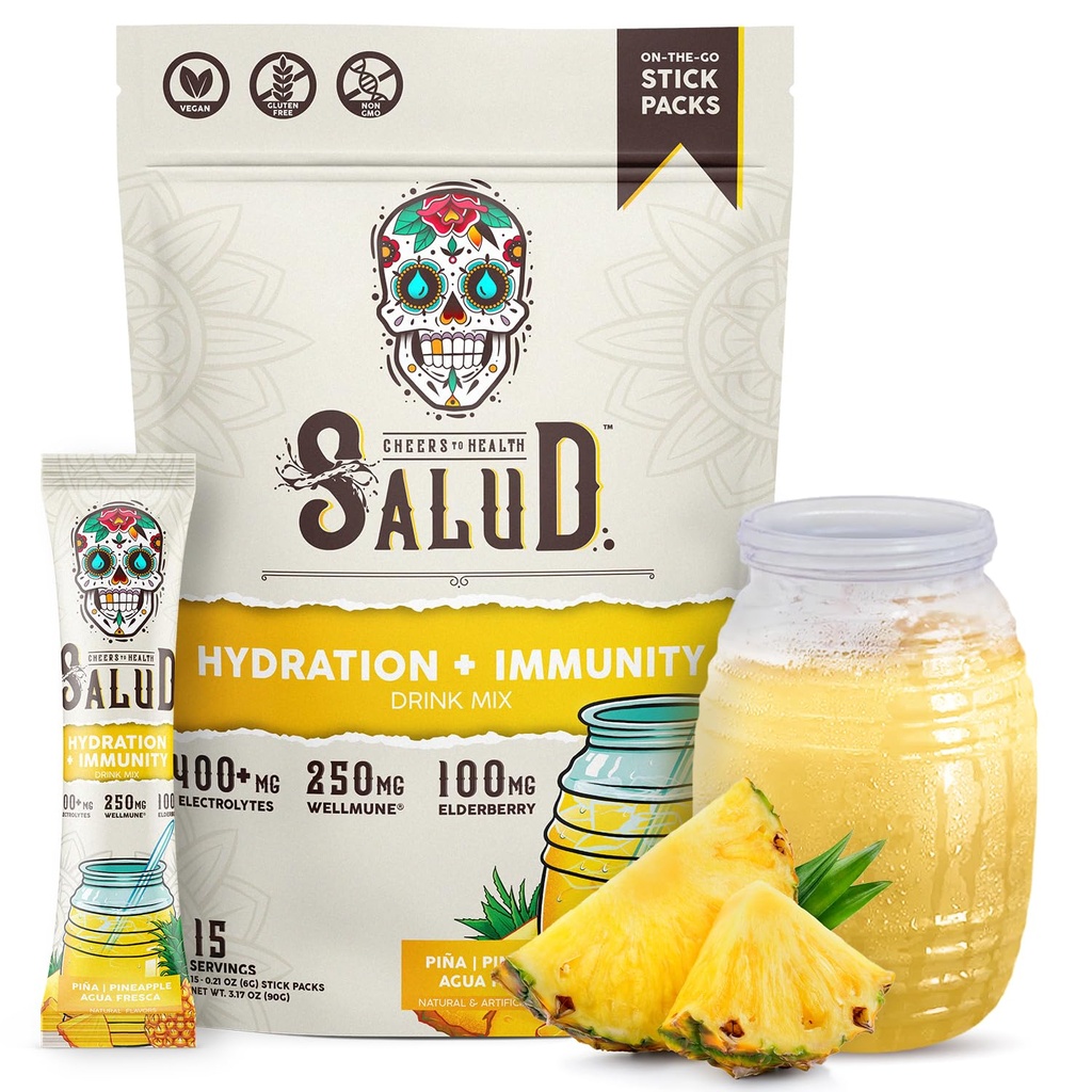 Salud 2-in-1 Hydratačné balíčky + Imunita Electrolytes Powder, Ananás - Agua Fresca Drink Mix, Elderberry, Dairy & Soy Free, Non-GMO, Gluten Free, Vegan, Nízke kalórií, 1g Cukor (15 porcií)