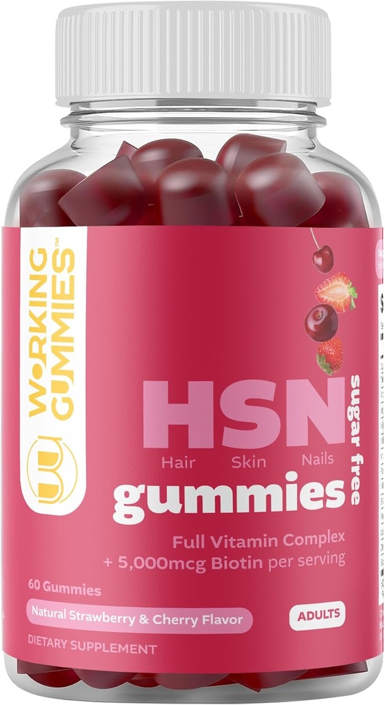 HSN Gummy - vlasy koža a nechty Gummy - bez cukru Biotin Gummies 5000mcg s plnou vitamín komplex pre rast vlasov, zdravá koža, nechty sila - 60 Ct Jahodová a čerešňová chuť