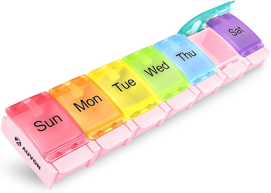 AUVON Týždenný pilulka Organizátor Artritída Friendly, BPA Free Travel 7 deň pilulky Box Prípad s jarným otvoreným dizajnom a veľké oddelenie držať vitamíny, Cod Liver Oil, Doplnky a lieky