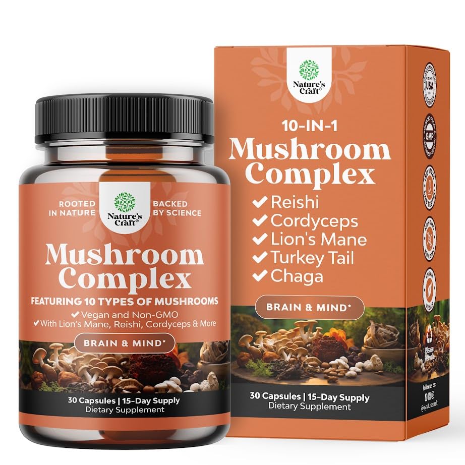Advanced Mushrom Complex Kapsule - 10X Lions Mane Supplement Capsulas with Reishi, Chaga, Maitake & Shiitake for Brain Health Memory Support & Focus - Noottropic od Mental Clarity - 30 Caps
