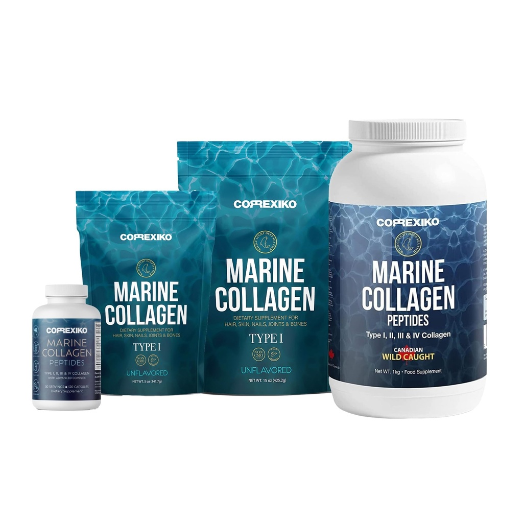 CORREXIKO Marine Collagen Supplement Pills & Powder Bundle - Obsahuje 10 000 mg Double Hydrolyzed Collagen Powder 1kg, 15 oz & 5oz a 1800mg Collagen Peptides 120 Kapsule - od Vlasy, koža a nechty