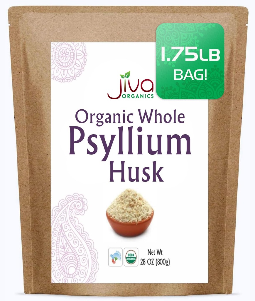 Jiva Organics Whole Psyllium Husk (Isabgol) 1,75 LB (28 Oz) Jumbo Bag - Non-GMO, Unflavored - Keto Friendly, Rozpustné vlákna