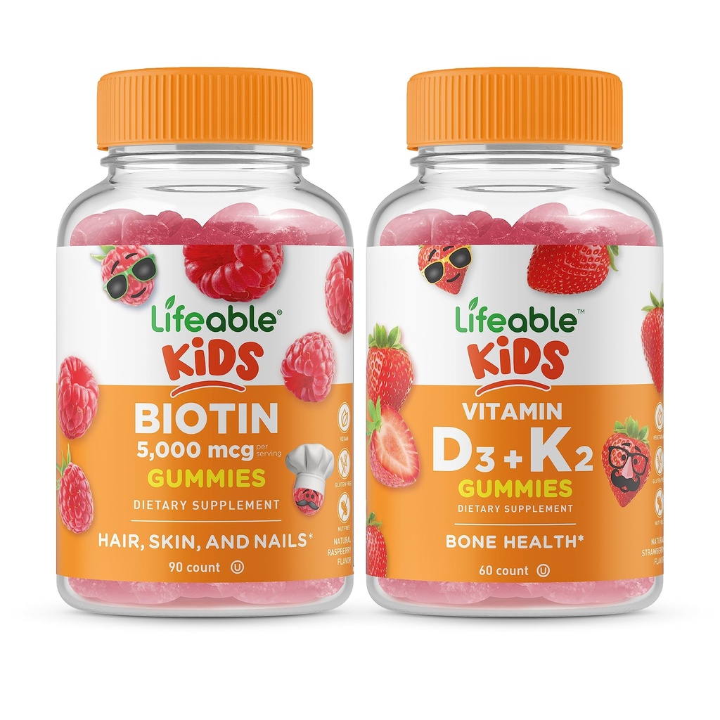 Životaschopné biotínové deti + vitamín D3 + vitamín K2 Deti, Gummies Bundle - skvelé ochutnávky, vitamínové doplnky, bez lepidla, bez GMO, žuvacia guma