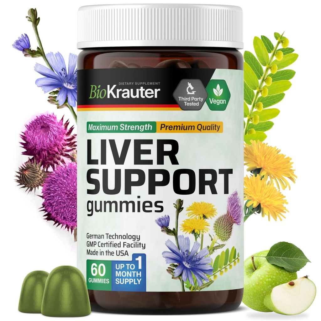 BIO KRAUTER Pečeň Supplement Gummies - 60 Vegan Chews w/Milk Thistle, Púpavkový koreň pre čistenie pečene a detox - 80% Silymarin