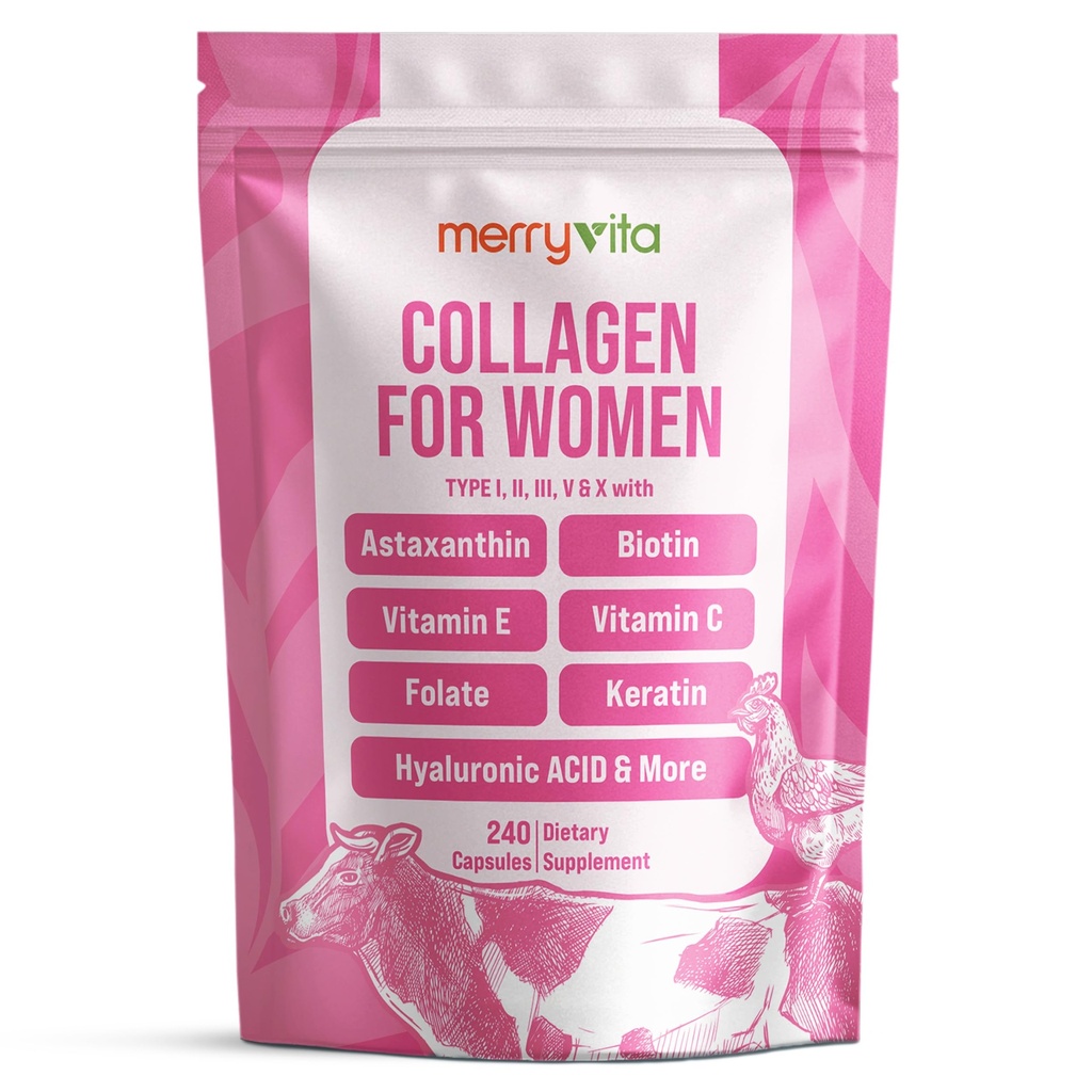MERRY VITA Collagen for Women – Hydrolyzed Multi Collagen Peptides Types I, II, III, V & X – Collagen Supplement with Vitamin C, Biotin & Hyaluronic Acid – Grass Fed, Non-GMO, 240 Capsules