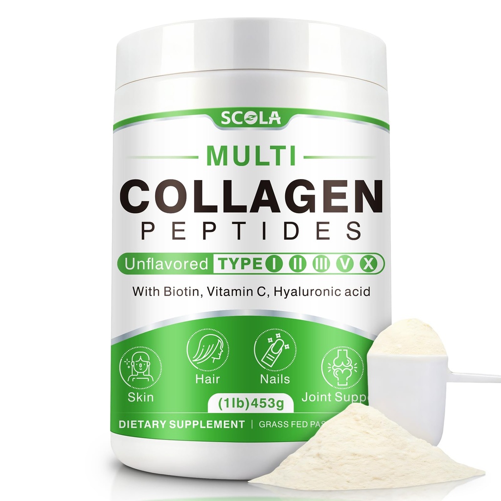 SCOLA Collagen Peptides Powder- Type I, II, III, V, X - Hydrolyzed Collagen Peptides with Vitamin C Hyaluronic Acid, Supports Skin Hair Nail & Joint, Non-GMO, 1lb