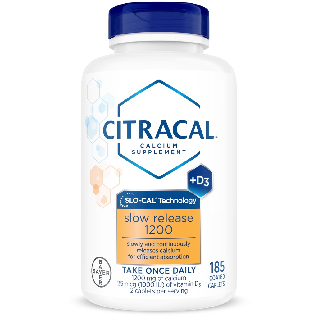 Citracal Slow Release- Vápnik 1200 mg s vitamínom D3, horčík, kalcium doplnok, podpora zdravia kostí, Užite raz denne Caplet, 185 Počet