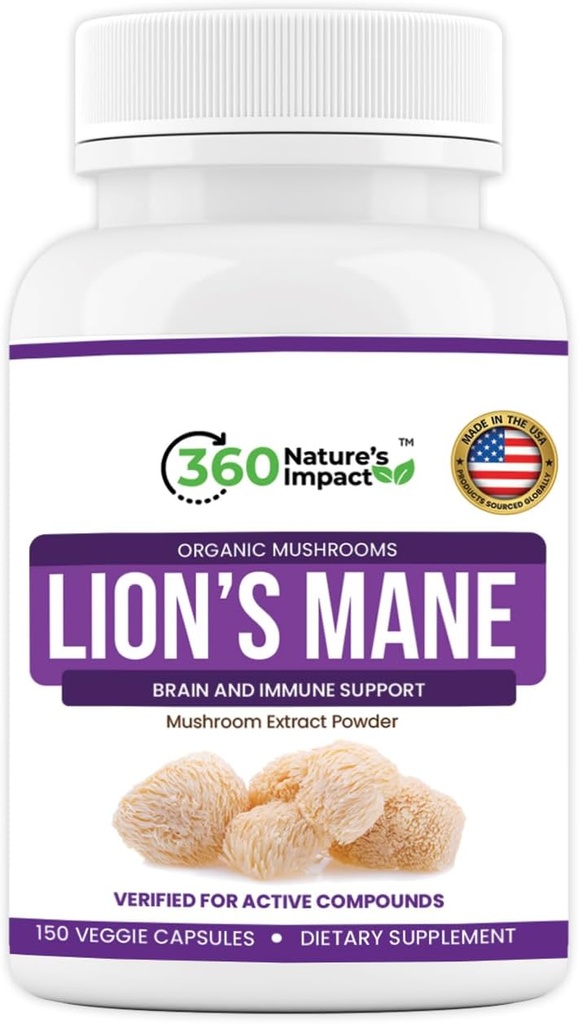 360 Vplyv Levy Mane Huba Supplement Kapsule (150 Kapsule) od Brain Health Suplement, Organic Supplement with Beta-Glucans & Hypromelóza pre kognitívny systém