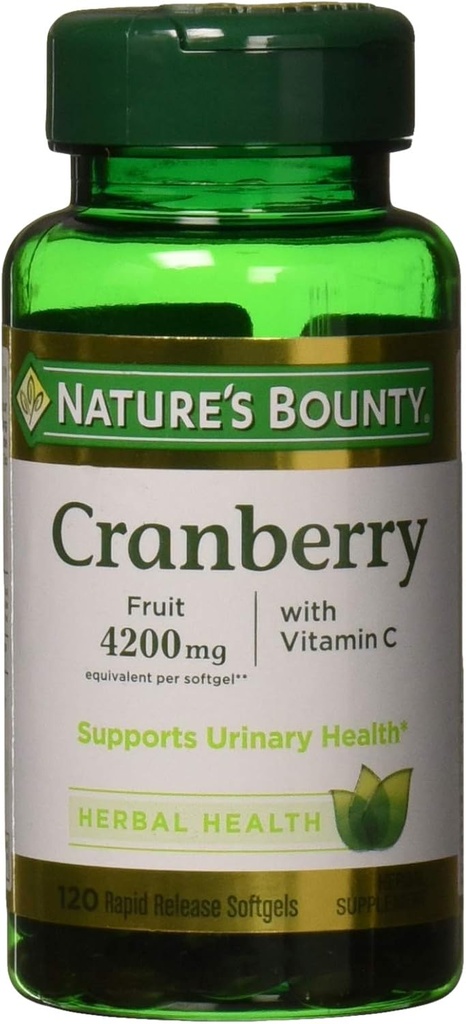Prírodné Bounty Cranberry, Bylinné zdravie doplnok s vitamínom C, podporuje močové zdravie, 4200mg, 120 Softgels
