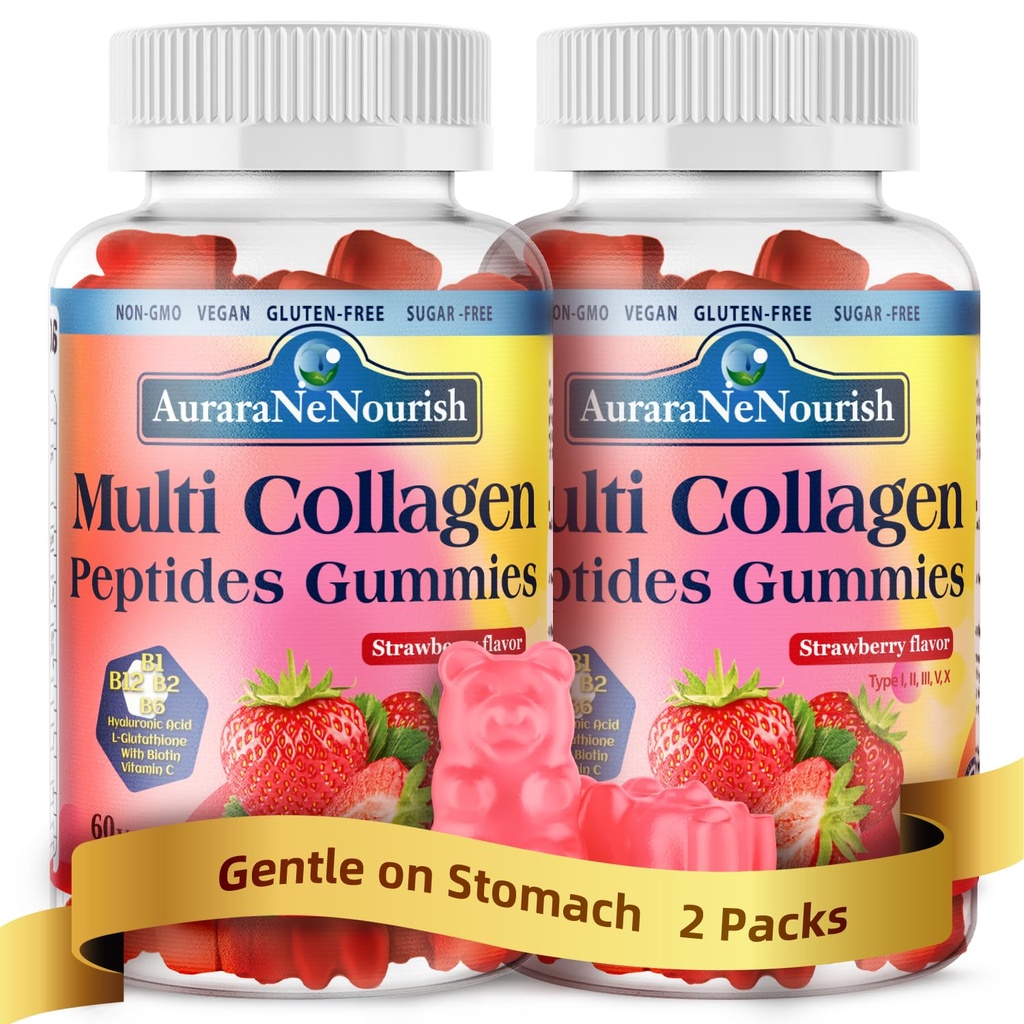 2 Pack Multi Collagen Peptides Gummies, Sugar Free Hydrolyzed 5000mg Protein丨Type I,II,III,V,X with Biotin Hyaluronic Acid Vitamin C A D B6 B12 for Skin Hair Nail & Joint -Strawberry