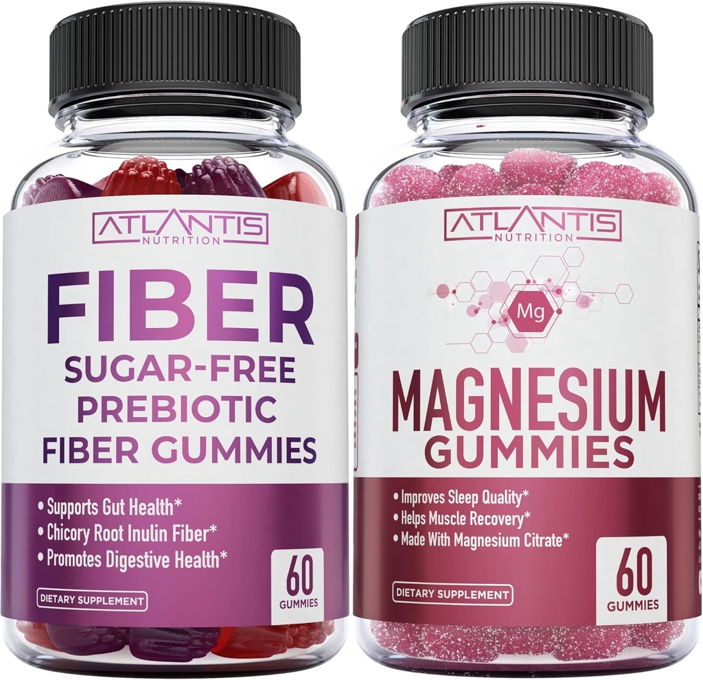 Atlantis Nutrition Sugar Free Prebiotic Fiber Gummies for Adults 2-Pack (120 Gummies) + Magnézium Gummies - 770 MG Magnézium Citrát 60 Gummies