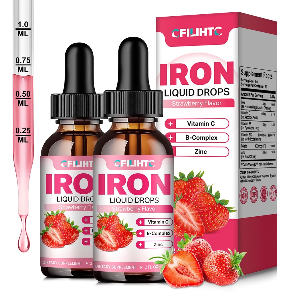 Tekuté železité doplnky pre ženy Muži a deti Multivitamínové železité kvapky s folátom, Vitamín C, B6, B12, Zinok pre anémiu, Nedostatok železa, Blood Builder, Energia - Prírodné jahodovej chuti, Vegan 4 Fl Oz