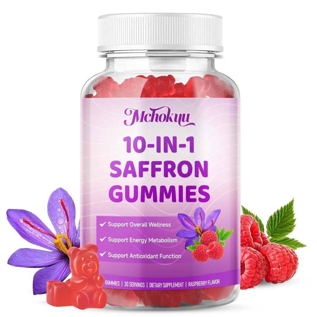 Saffron Supplement Gummies for Kids & Adults Supports Antioxidant Function with Ashwagandha, L-Theanine, Rhodiola Rosea, Lemon Balm, Vitamin D3, B6, Magnesium & Zinc – Raspberry Flavor, 60 Count