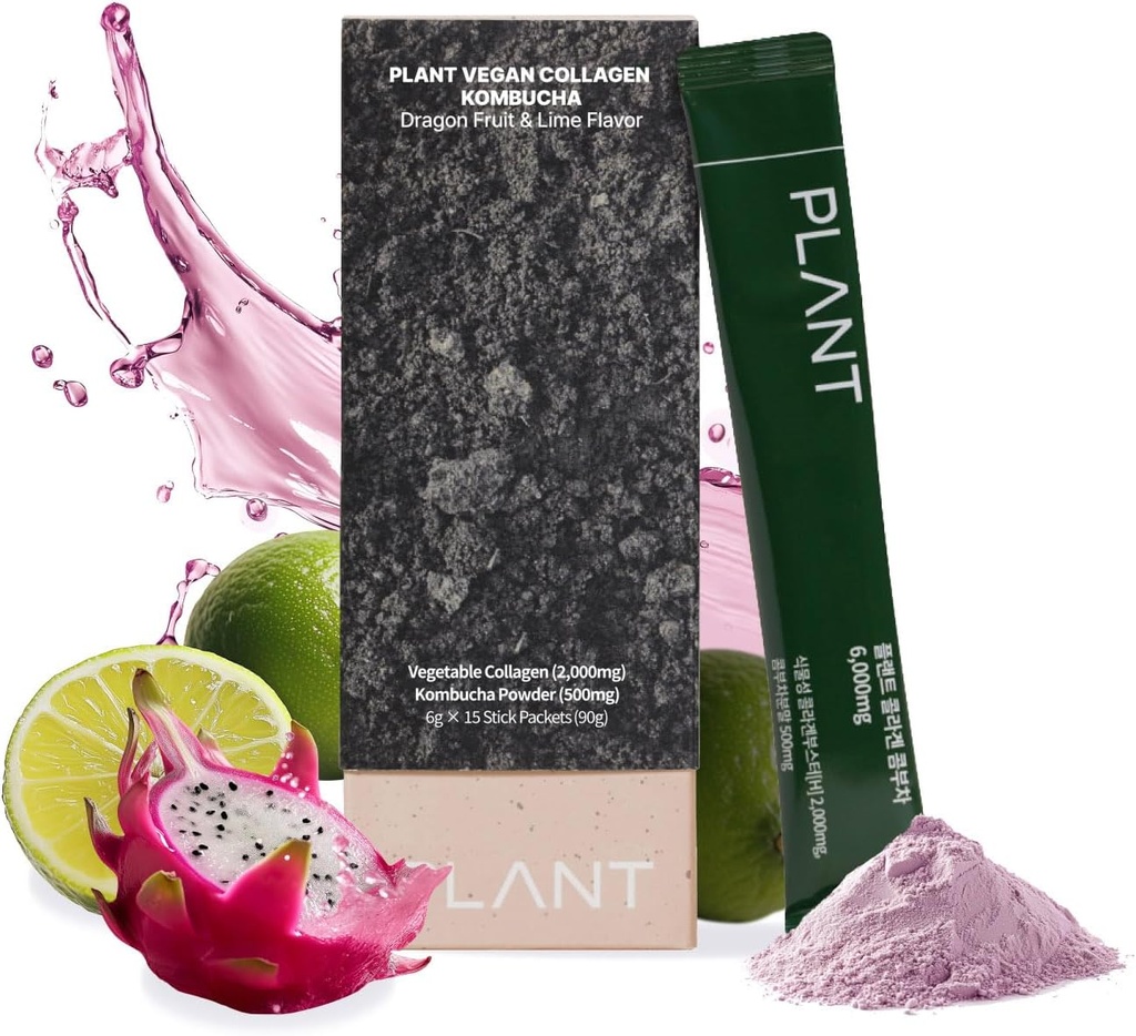 Planet Vegan Collagen Peptide, Kombucha Powder, Probioitics, Vitamín C 2000mg Tripeptide Vegetarian Collagen Booster, Dragonfruit Lime 15 Packets, Gut & Skin Health Anti-Aging Hydration Drink Mix