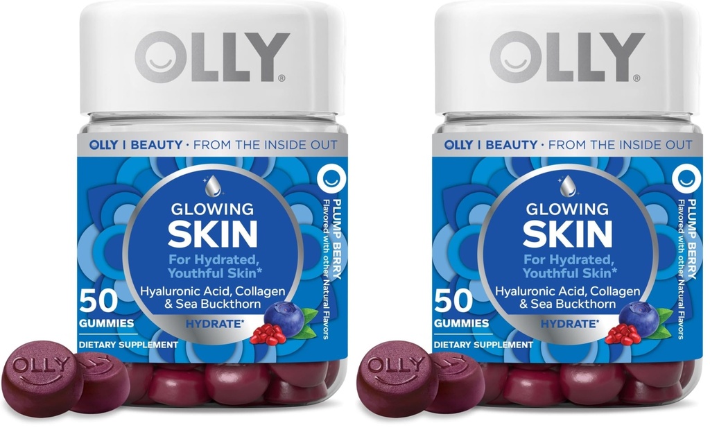 OLLY Glowing Skin Gummy, Hydrated & Youthful Skin,* Hyaluronic Acid, Collagen Peptides, Sea Buckthorn, Plump Berry Flavor, 25 Day Supply - 50 Count (Pack of 2)