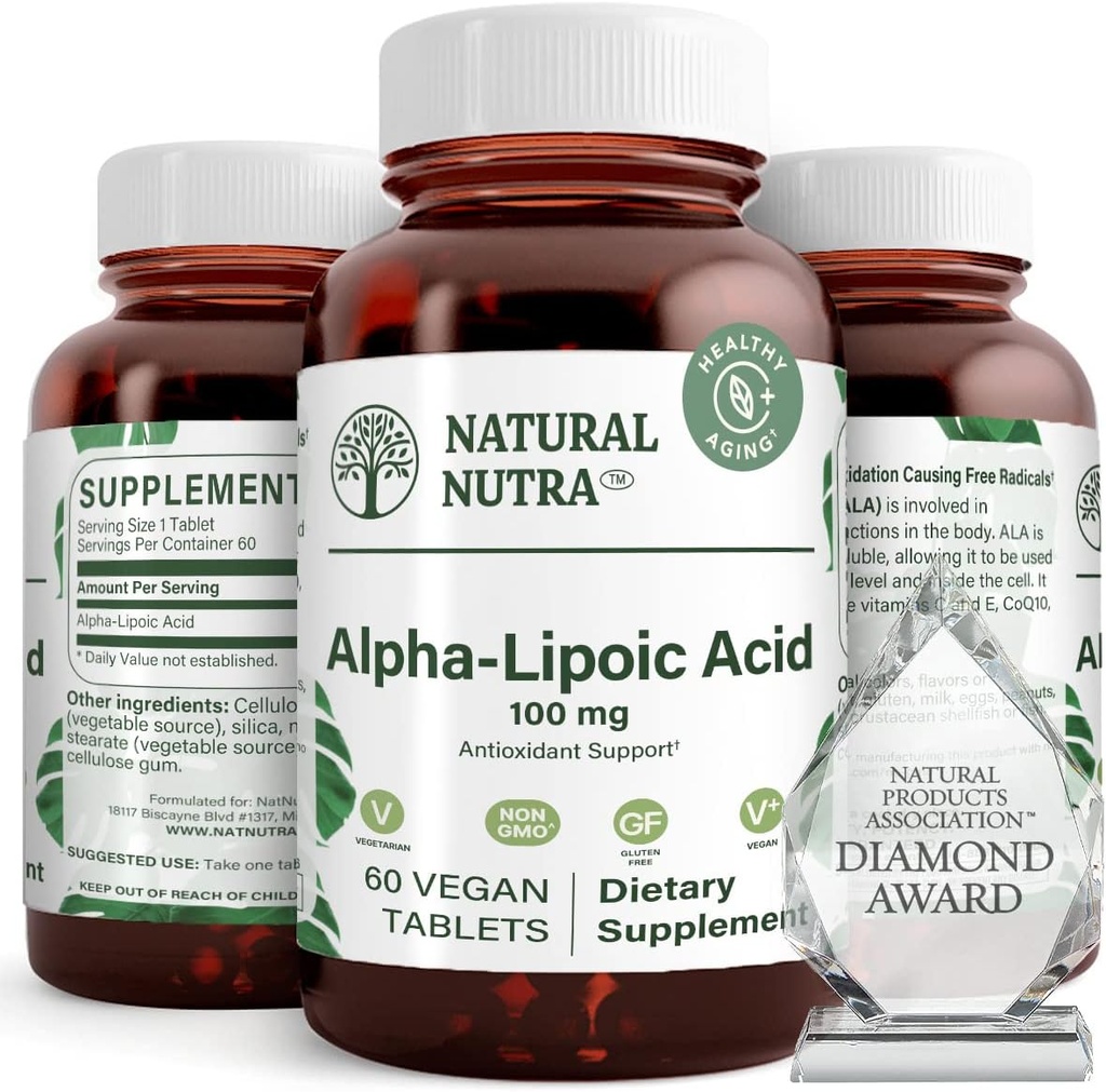 Natural Nutra R-Alpha Lipoic Acid, zlepšenie zdravia kostí a srdca, zvýšenie pamäťovej funkcie, zlepšenie Nerve funkcie prispieva k celkovému zdraviu, lepok bez 100 mg, 60 Vegan a Vegetariánske tablety.