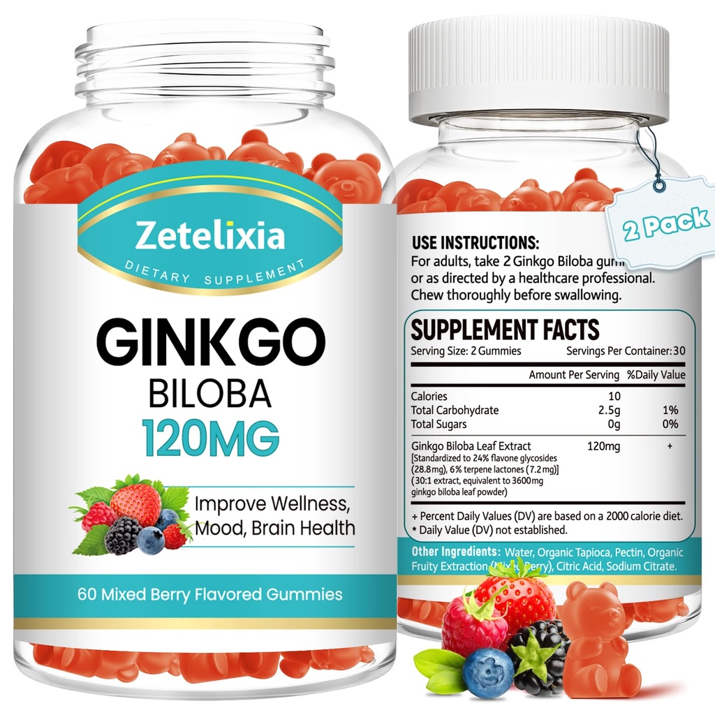 2 balenie Ginkgo Biloba Gummy pre ženy a mužov, Mozog doplnok zlepšiť lepšiu náladu a zameranie, Vegan zmiešané Berry Flavor 120 Počet