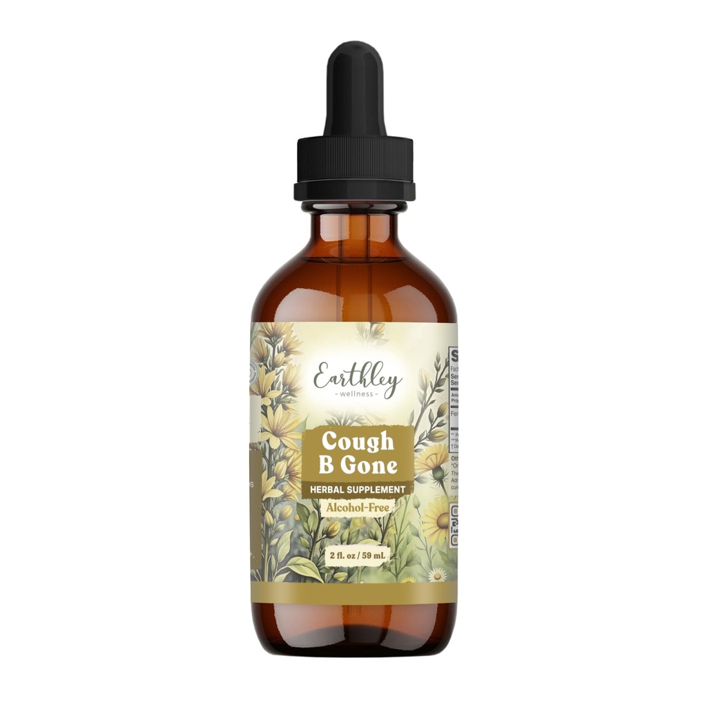 Earthley Wellness, Kašeľ-B-Gone, bez alkoholu bylinné Tinture pre deti a dospelých (6 mesiacov+), Cold and Cough Remedy, Sootes Sore Throats, podporuje zdravie pľúc, a detoxikácia (2oz, Deti)